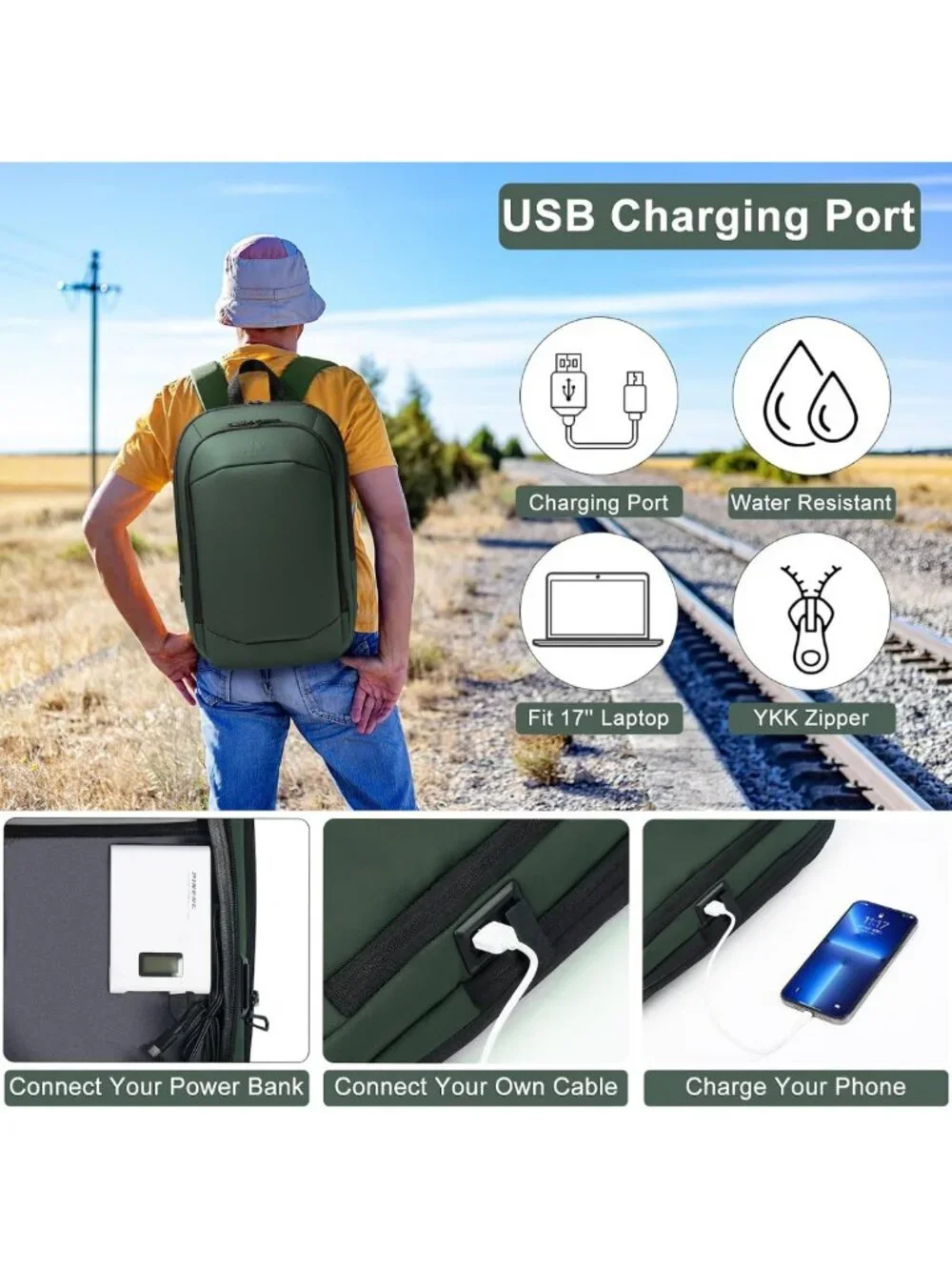 Slim Expandable Waterproof Business Backpack with USB Charger, Anti-Theft Laptop